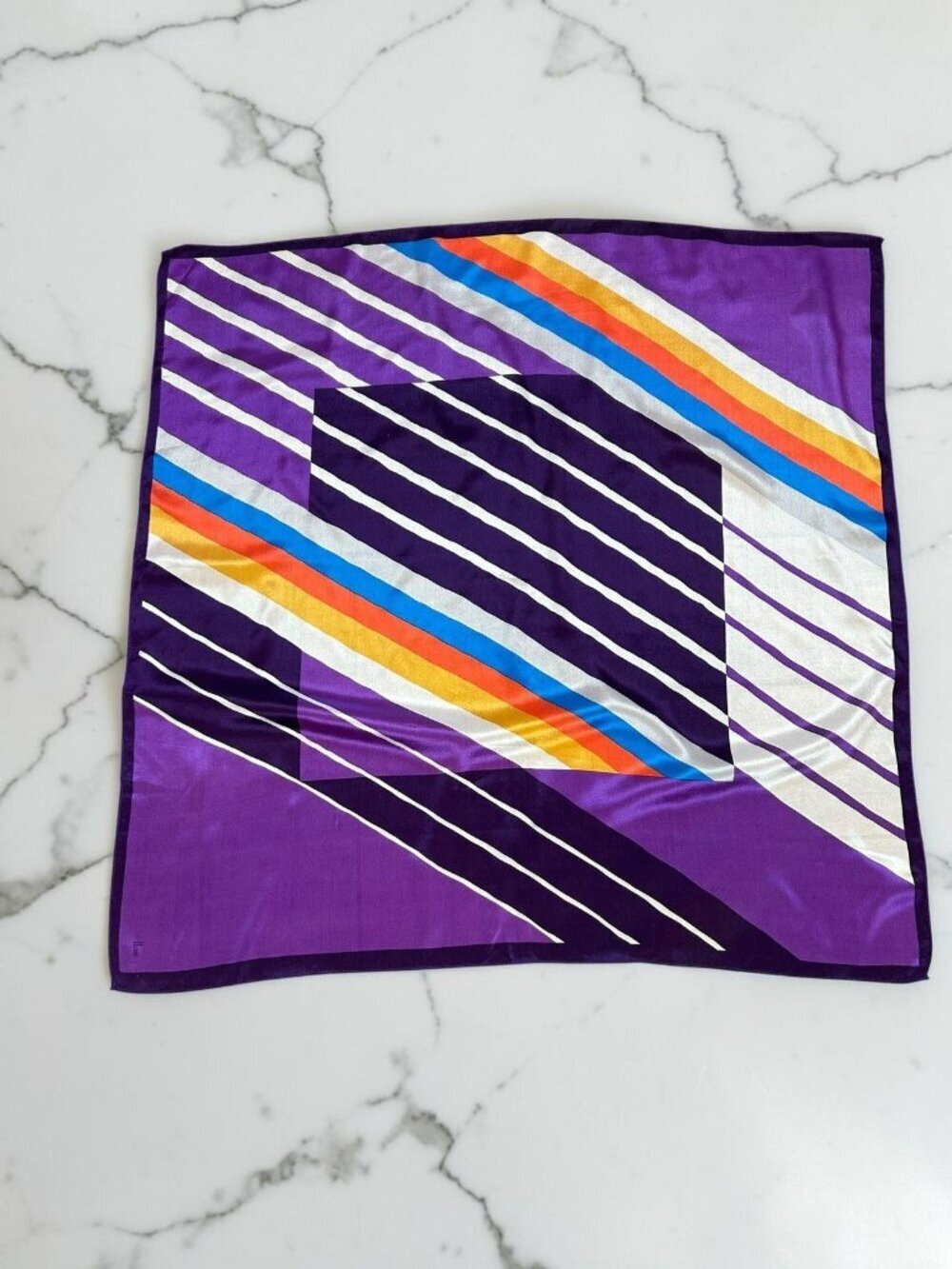 Honey Vintage Scarf 100% Silk Purple Geometric Stripes 30” Square
